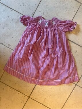 Pink Striped Smocked Dress with Bunny Motif